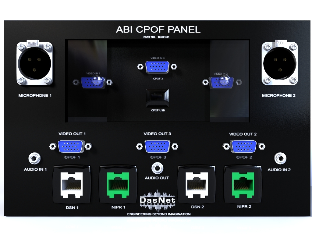 <p>ABI CPOF INTERFACE PANEL (<b>Part Number 10-001-01</b>) is designed to physically streamline allocated operator workstation space and provide convenient terminations for full Command Center and Tactical Operational Center audio, video, voice and data i