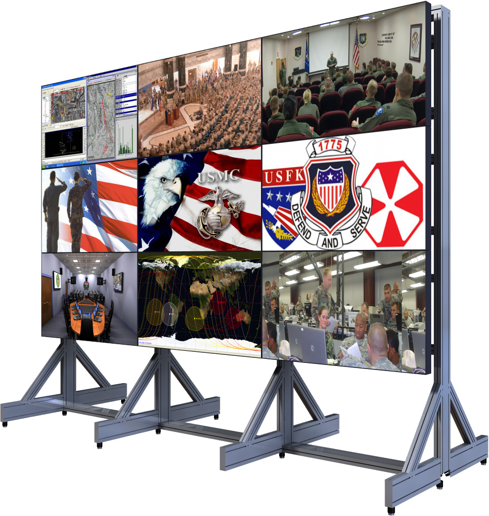 Adjustable frame mounting system for Data / Video wall applications. DasNet designed video wall mounting frames are constructed from high grade aircraft aluminum. They can be configured as free standing units or as a part of an architectural design.

Each Monitor location is supplied with a full service adjustable mount which allows for easy servicing and rear access without disturbing adjacent displays. Our frame mounting system can be fitted with an array of cable management and power distribution accessories for a neat and clean appearance.

Since the frames are cut to the required dimensions of the room and to the size of the selected monitors, our video wall solution can be configured to fit almost any environment.

Weights and dimensions are dimensions are 3 X 3 free standing units supporting 60 inch monitors only. Final dimensions and weight will vary depending upon monitor size selected or to meet specific room constraints.